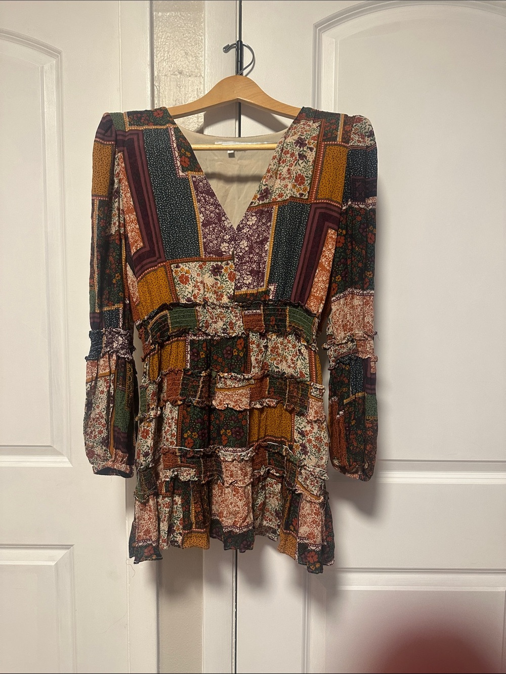 Olivaceous Multicolor Patchwork Ruffle Long Sleeve Mini Dress
